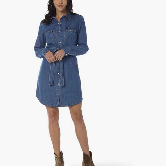 Wrangler Women's Retro Long Sleeve Western Denim Snap Dress  Size XS - Picture 1 of 14
